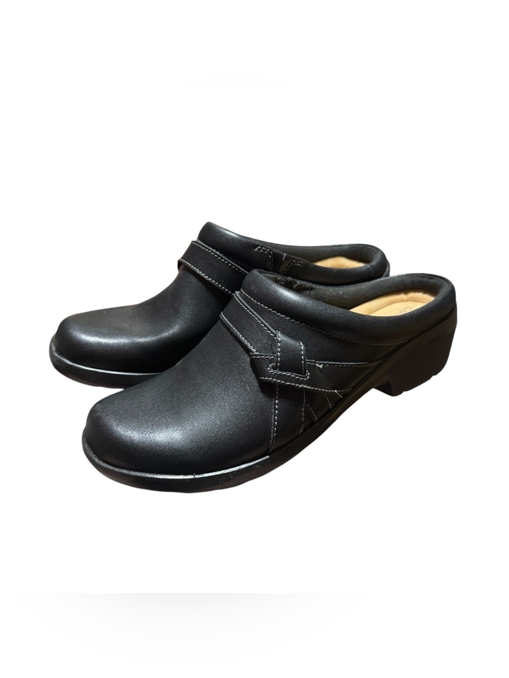 Clarks Angie Mist Womens 8.5 Black Leather Wedge Heel Slip On Shoes Mules
